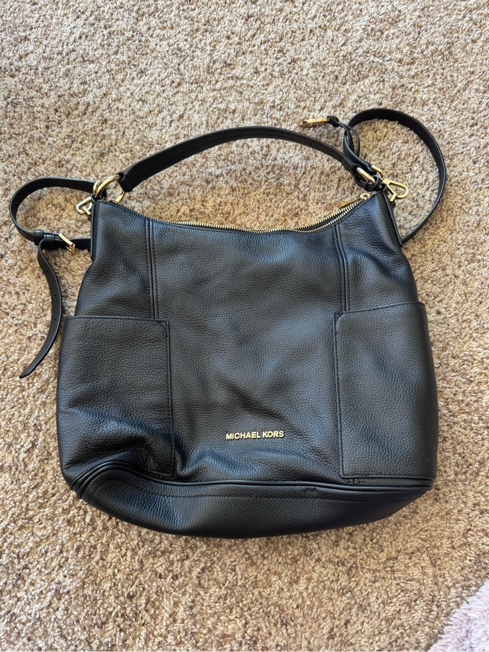 Michael Kors Anita Black Leather Shoulder Hobo with Gold Hardware